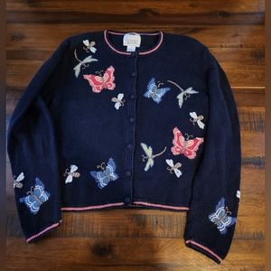 Spring Sweater Christopher and Banks Butterfly Bee Dragonfly Embroidered